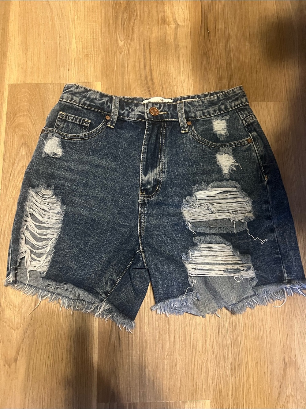 Denim Blvd Los Angeles Distressed High-Waist Denim Shorts - Dark Blue sz small